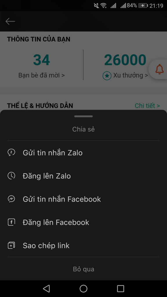 Mời bạn bè tham gia nhận ngay 2K trên android và 4K trên ios