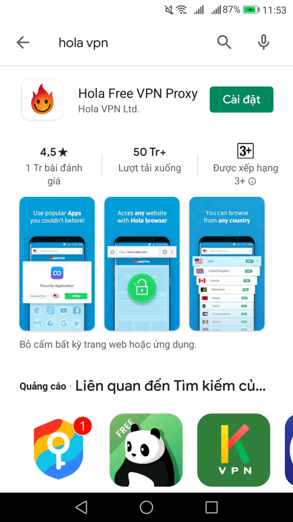 Hola VPN đổi IP kiếm tiền cho điện thoại Android và Iphone IOS