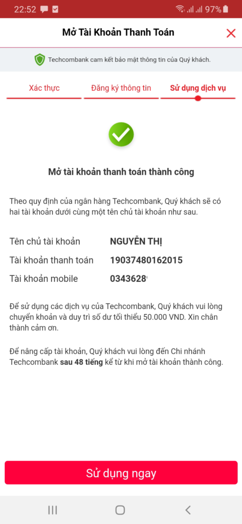 Techcombank kiếm tiền đăng ký tài khoản thành công