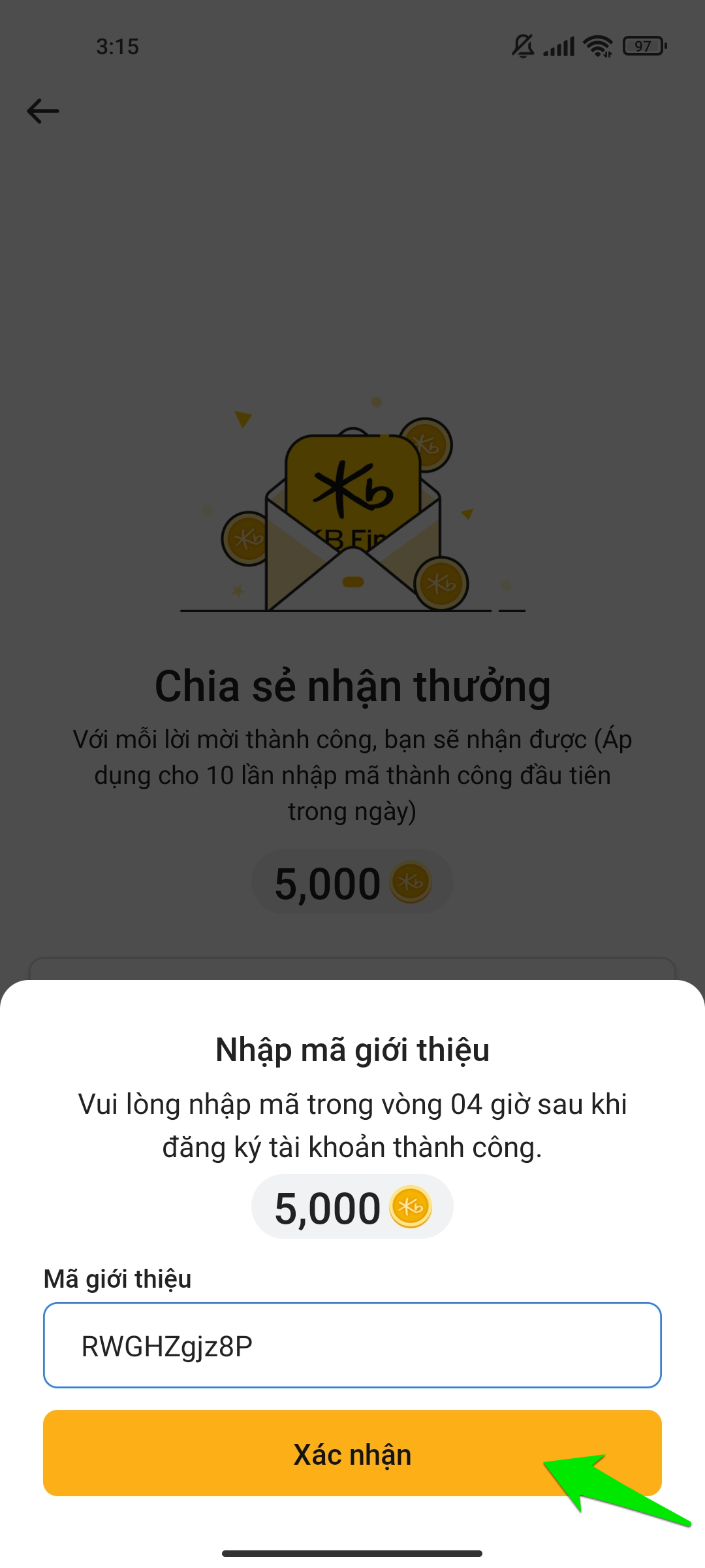 Nhập mã giới thiệu KB Fina kiếm thẻ cào, đi bộ kiếm tiền trên app KB Fina miễn phí