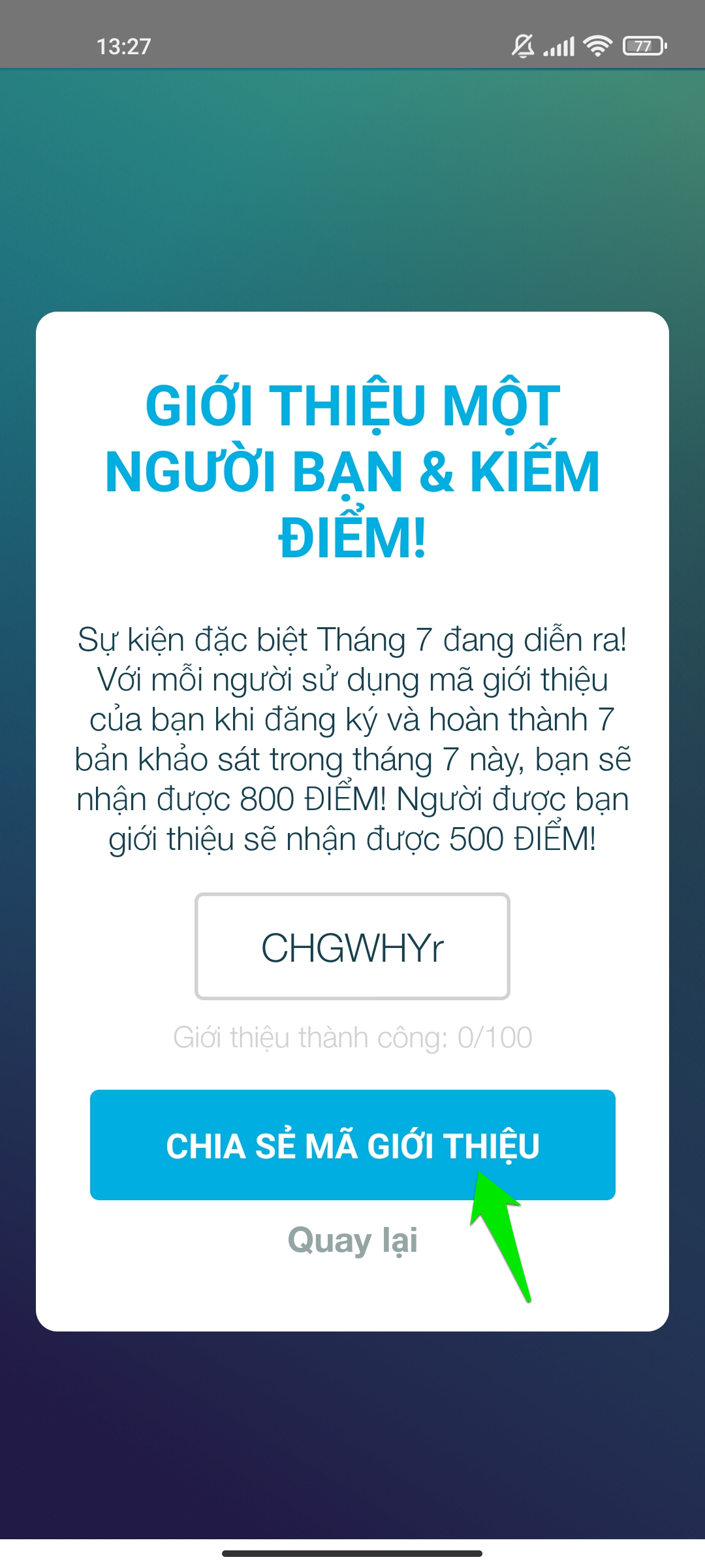 Mời bạn bè nhập mã giới thiệu app Milieu Survey kiếm tiền