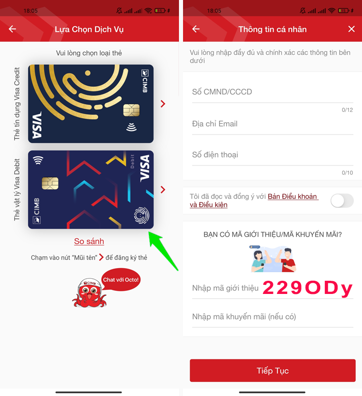 Nhập mã giới thiệu Octo by CIMB kiếm tiền