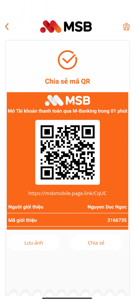 Lấy mã giới thiệu MSB MBank chia sẻ bạn bè kiếm tiền