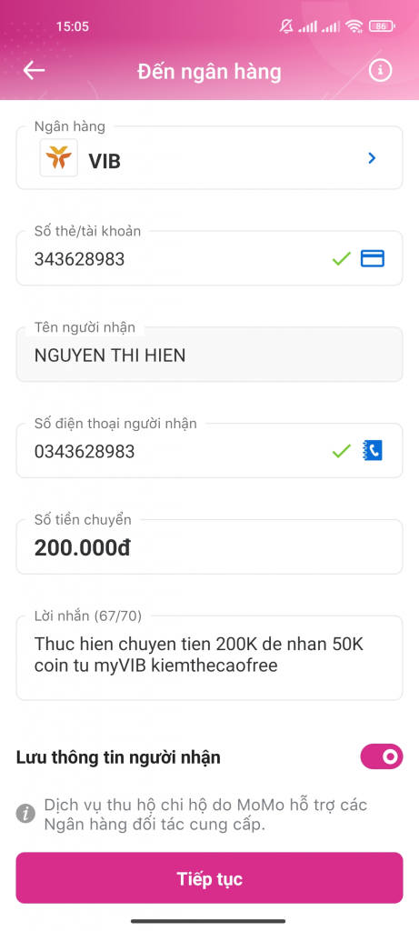 Nạp tiền vào tài khoản MyVIB 200K nhận thêm 50K miễn phí