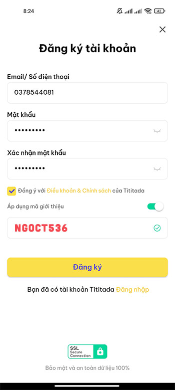 Đăng ký tài khoản và nhập mã giới thiệu tititada nhận tiền