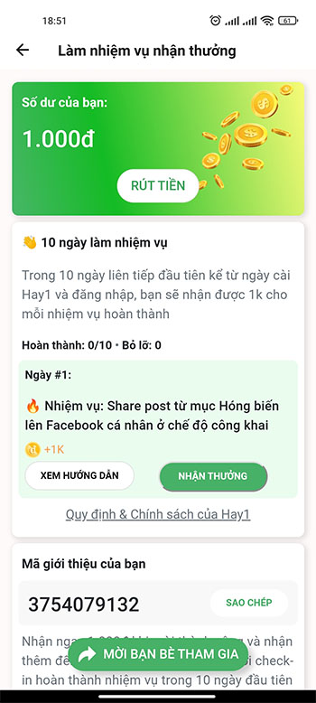 App Hay1 làm nhiệm vụ kiếm tiền