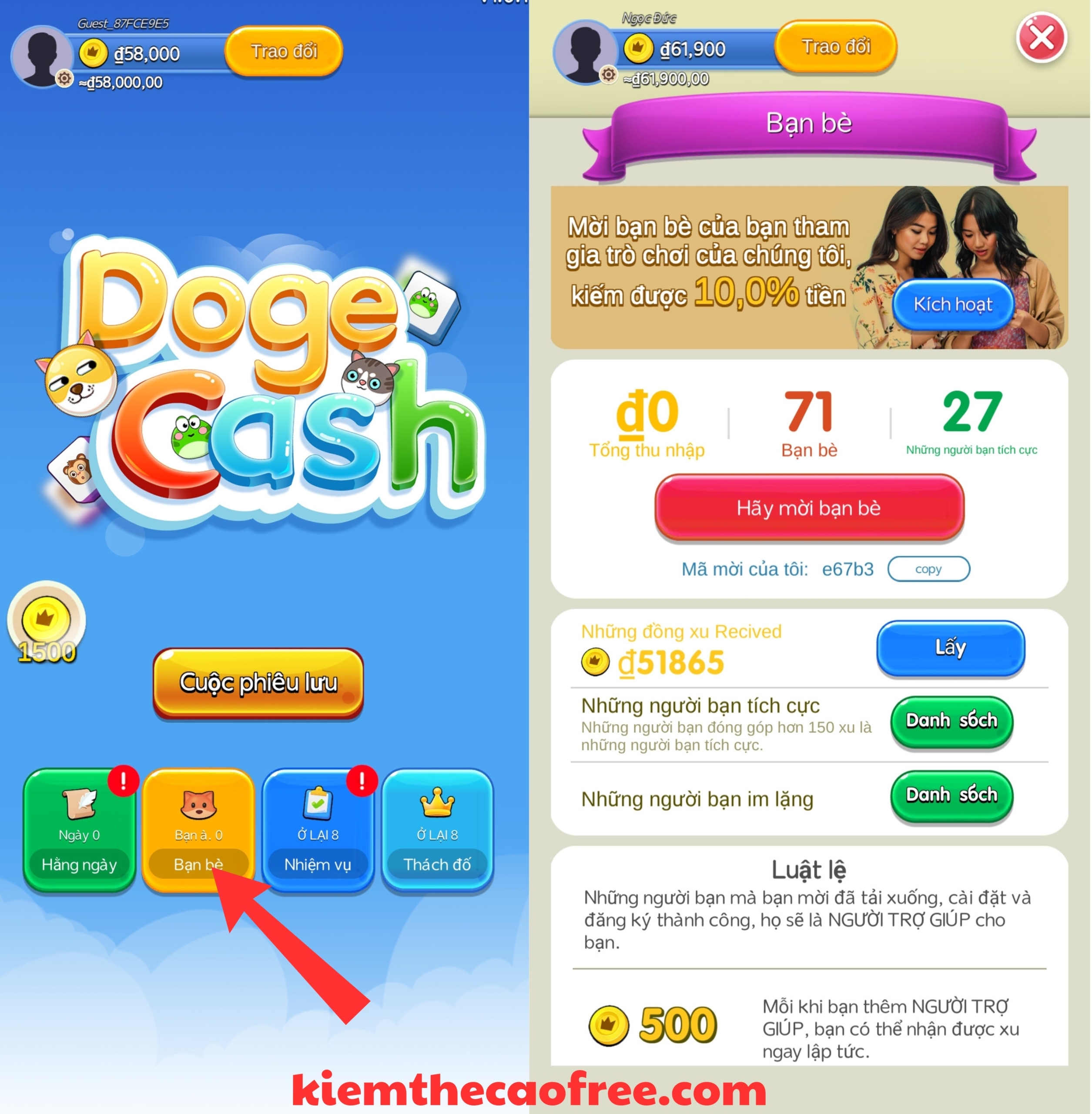 Hướng dẫn mời bạn bè tham gia App DogeCash kiếm tiền