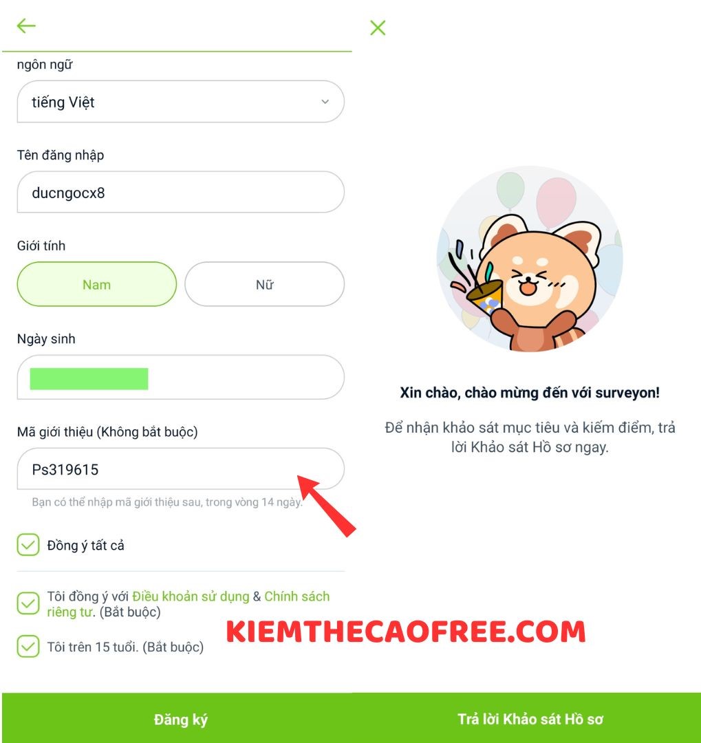 Cách điền thông tin tham gia khảo sát kiếm tiền trên app Surveyon