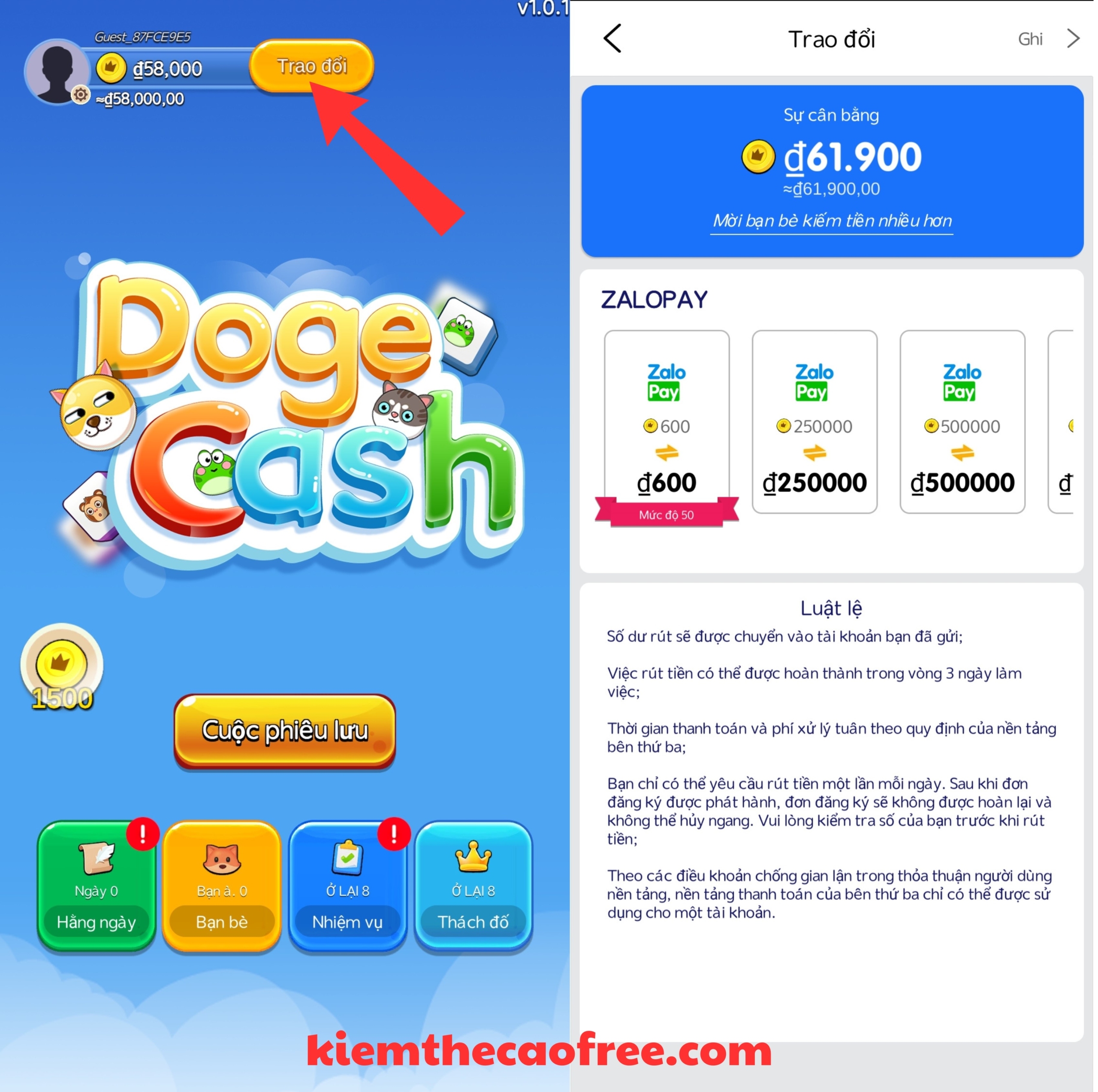 Cách rút tiền từ App DogeCash kiếm tiền miễn phí