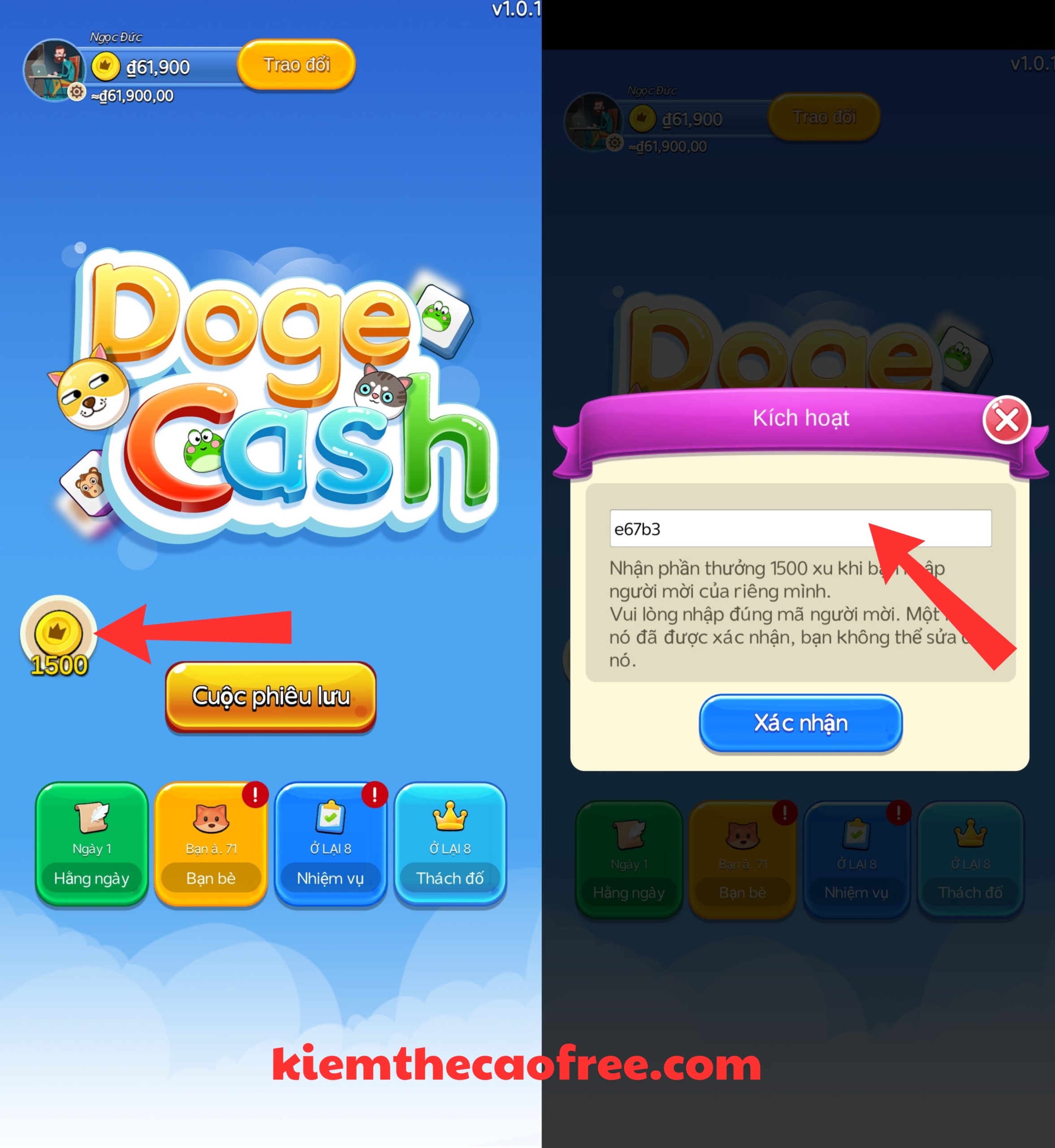 hướng dẫn nhập mã giới thiệu kiếm tiền trên App DogeCash kiếm tiền