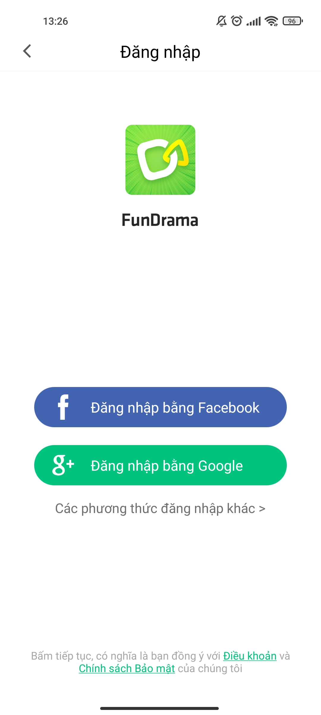 Đăng nhập vào App FunDrama bằng tài khoản Facebook hoặc Google