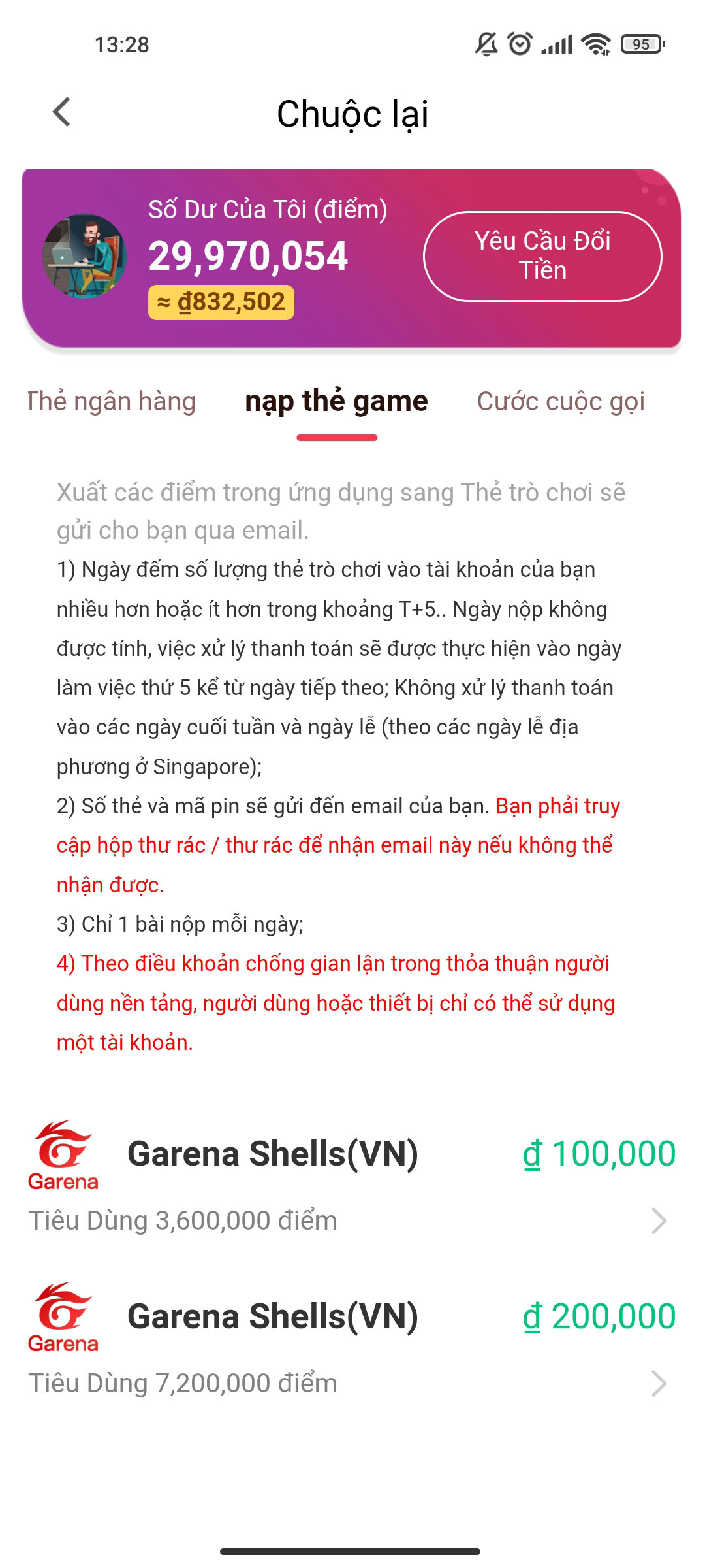 Đổi thẻ game Garena miễn phí