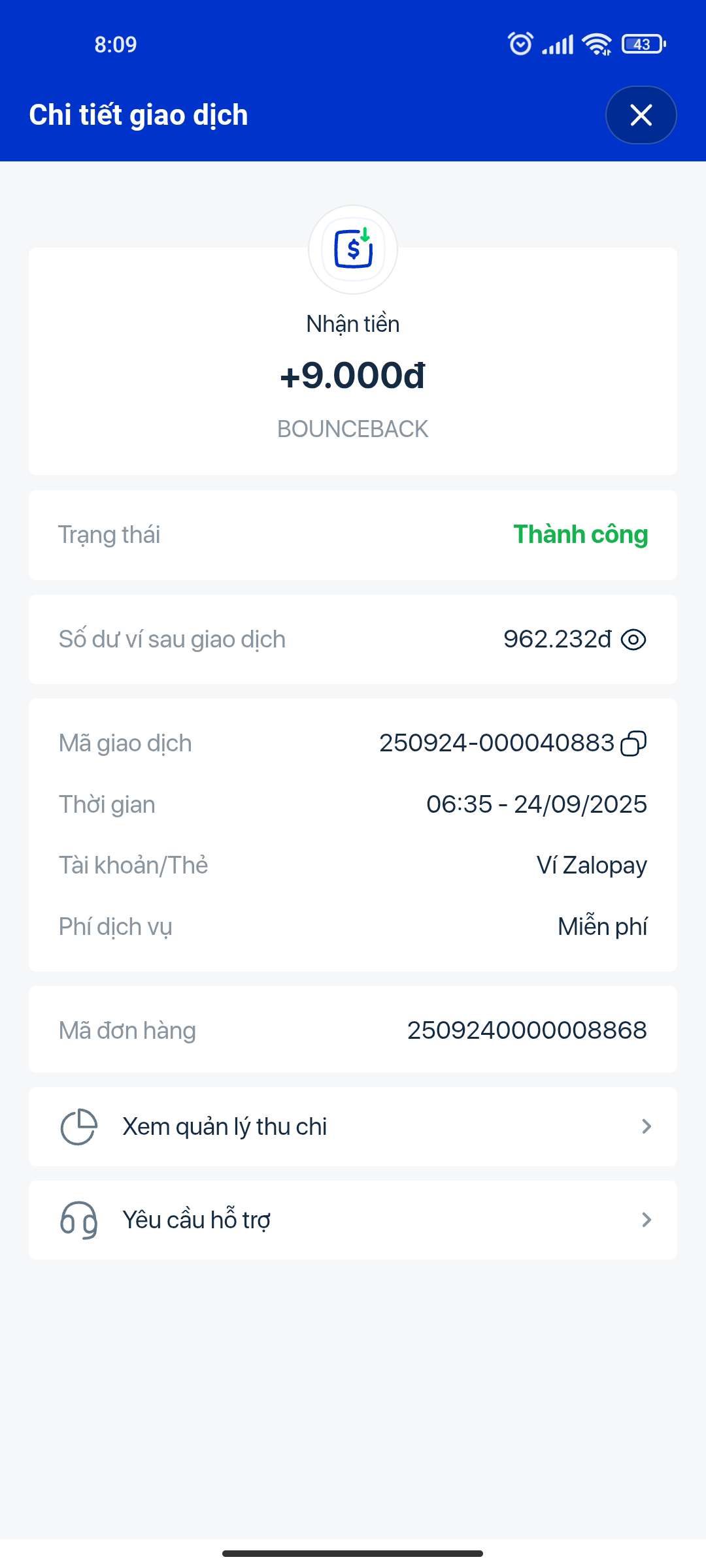 Rút tiền 9K thành công về tài khoản ví ZaloPay