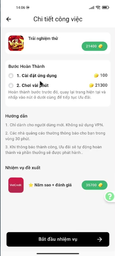 Chi tiết một nhiệm vụ trên ứng dụng