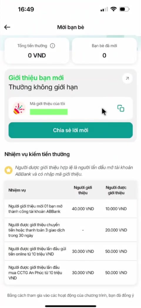 Cách xem mã giới thiệu ABBank mới nhất trên ứng dụng ngân hàng An Bình