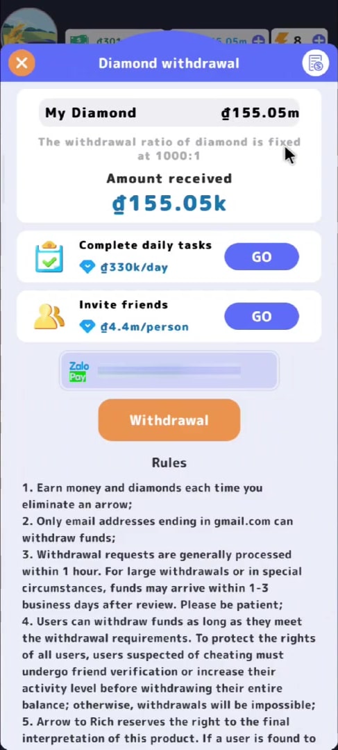 Cách rút tiền từ App Arrow To Rich về ZaloPay