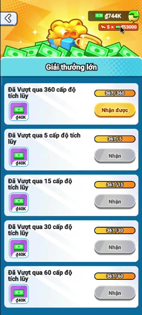 Giải thưởng lớn khi vượt qua các mốc cấp độ Giải thưởng lớn khi vượt qua các mốc cấp độ
