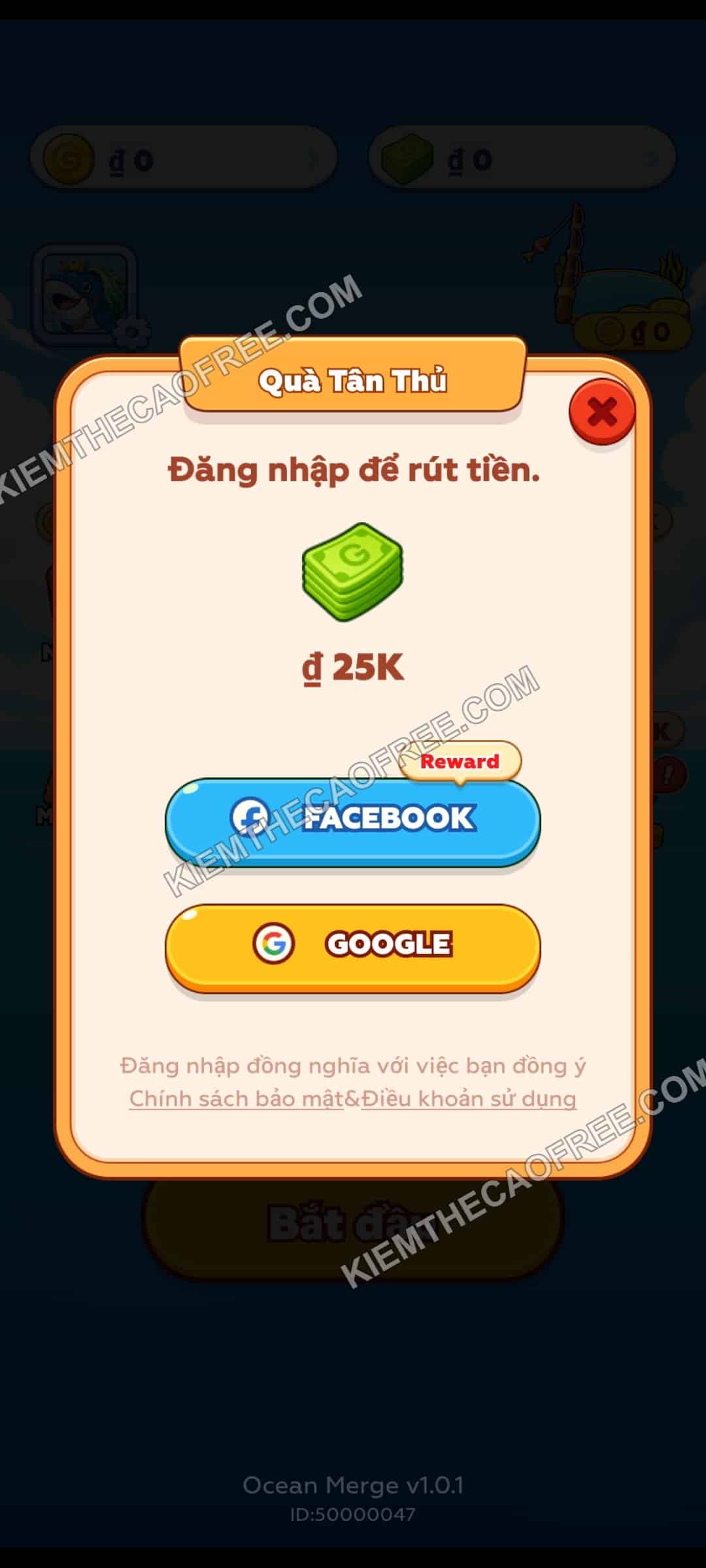 Giao diện đăng nhập trên App Ocean Merger Giao diện đăng nhập trên App Ocean Merger